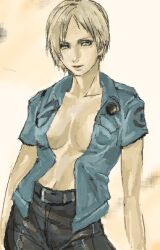  belt blonde_hair blue_eyes breasts cybil_bennett female gradient gradient_background lowres open_clothes open_shirt pants police police_uniform shirt short_hair silent_hill silent_hill_1 solo taro_(artist) uniform 