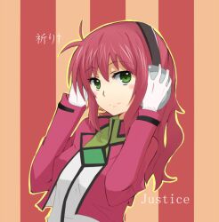  bad_id bad_pixiv_id banned_artist blush celestial_being_uniform feldt_grace gloves green_eyes gundam gundam_00 headphones jacket miyabi_(reef) pink_hair smile solo 