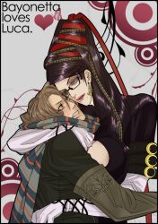  1boy bayonetta bayonetta_(character) beauty_mark black_hair blush bodysuit brown_hair chains earrings female glasses grey_eyes jewelry lamiu long_hair luka luka_redgrave mole ramiu red_ribbon ribbon scarf short_hair very_long_hair 