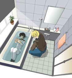  2boys ahoge america_(hetalia) axis_powers_hetalia bath bath_tub bathroom bathtub black_hair blonde_hair blue_jeans book bubble bubbles denim glasses jacket japan_(hetalia) jeans male male_focus military military_uniform mirror multiple_boys pants plant potted_plant read reading shared_bathing shower_head soap squat squatting towel tub under_water underwater uniform water 