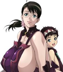  1boy age_difference breasts cattleya female huge_breasts looking_at_viewer lowres mother_and_son no_bra open_mouth queen&#039;s_blade rana simple_background smile transparent_background 