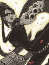  annmi ayu161 bayonetta bayonetta_(character) black_hair bodysuit glasses gun hair_bun long_hair mole weapon 