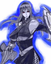  glow glowing kon_(kdash) kon_(pixiv31474) long_hair lowres military military_uniform polearm red_eyes selvaria_bles senjou_no_valkyria senjou_no_valkyria_1 shield silver_hair spear uniform weapon 