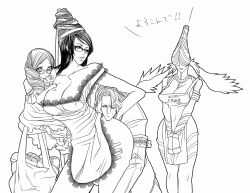  apron bayonetta bayonetta_(character) beauty_mark black_hair breasts cereza chains cleavage elbow_gloves glasses gloves hair_bun highres joy_(bayonetta) lamiu long_hair looking_back luka mole monochrome monster_girl ramiu ribbon 