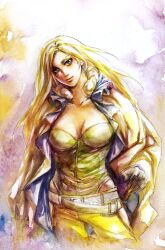  belt blonde_hair blue_eyes breasts cape celes_chere cleavage female final_fantasy final_fantasy_vi koutoubu leotard long_hair occipital pants solo sword weapon 