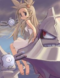  barefoot brown_hair creature dress feet female gym_leader jasmine long_hair lowres magnemite mikan_(pokemon) mimolette_(mimo) outdoors pokemon saitou_mikado_kuni soles steelix toes 