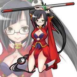  arc_system_works black_hair blazblue blazblue:_calamity_trigger breasts brown_eyes china_dress chinadress chinese_clothes cleavage cleavage_cutout dress glasses hair_ornament litchi_faye_ling long_hair panda ponytail staff very_long_hair zanku 