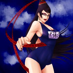  bayonetta bayonetta_(character) black_hair earrings glasses grey_eyes hakuamu jewelry knit_wear long_hair mole red_ribbon ribbon swimsuit 