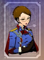  brown_eyes brown_hair cape eleanor_varrot glasses gloves hair_bun kobuta_aikawa military military_uniform senjou_no_valkyria senjou_no_valkyria_1 short_hair uniform 