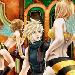  antenna antennae bare_back bare_shoulders blonde_hair blue_eyes bra brown_hair cloud_strife cosplay final_fantasy final_fantasy_vii footwear guernica honey_bee_inn insect_wings kanou lingerie long_hair short_hair socks spiked_hair spiky_hair underwear wings wristband 