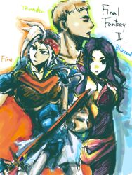  armor bandana bandana brown_hair cape final_fantasy final_fantasy_ii frioniel guy_(ff2) long_hair maria_(ff2) purple_hair short_hair sword weapon white_hair yadoso 