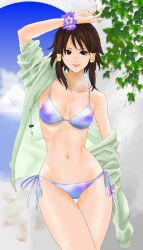  bangs bikini brown_eyes brown_hair chai_xianghua female hybrid_cat leaf leaves looking_at_viewer midriff navel short_hair side-tie_bikini sky soul_calibur standing swimsuit water xianghua 