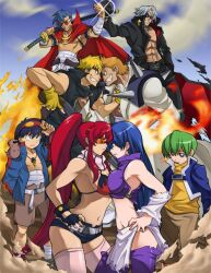  adam_blade boota breast_press breasts brofist crossover cruz_schild epic eve_neuschwanstein fire fist_bump goggles kamina katana kittan needless simon sunglasses sword symmetrical_docking tengen_toppa_gurren-lagann tengen_toppa_gurren_lagann teruyama_(needless) weapon yoko_littner yoko_littner 