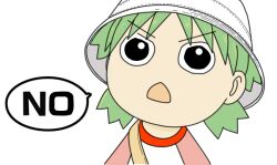  &gt;:&lt; black_eyes colored english female green_hair koiwai_yotsuba lolicon no no! quad_tails red_shirt shirt simple_background solo speech_bubble text white_background white_hat yotsubato! 