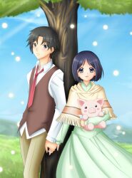  black_hair blue_eyes blue_hair blush dress hand_holding hans holding_hands isara_gunther mizumohikari necktie pig porcavian ramal_valt senjou_no_valkyria senjou_no_valkyria_1 shawl short_hair tie tree vest 