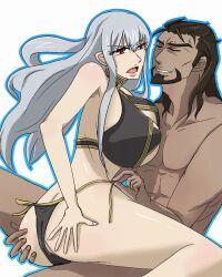  beard brown_hair closed_eyes dark-skinned_male dark_skin facial_hair interracial long_hair mkt radi_jaeger red_eyes selvaria_bles senjou_no_valkyria senjou_no_valkyria_1 silver_hair swimsuit 