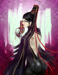  ass back bayonetta bayonetta_(character) black_hair chains earrings fukuhara_tetsuya glasses gun hair_bun hiyopi jewelry long_hair looking_back red_ribbon ribbon very_long_hair weapon 