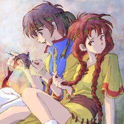  1boy arm_support bandana braid brown_hair commentary_request dress female fish food gensou_suikoden gensou_suikoden_i gensou_suikoden_ii hair_over_shoulder hix_(suikoden) knee_up long_hair lowres red_eyes red_hair ruffling_hair sakai_yume short_hair side-by-side sitting tengaar_(suikoden) twin_braids 