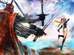  ass bccp boots final_fantasy final_fantasy_5 gilgamesh_(final_fantasy) highres katana lenna_charlotte_tycoon long_hair looking_back multi_wielding ninja pink_hair ponytail ribbon scarf sword weapon yellow_ribbon 