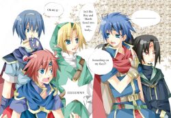  bandana blonde_hair fingerless_gloves fire_emblem gloves ike link marth nintendo pointy_ears red_hair red_hair roy roy_(fire_emblem) scarf soren super_smash_bros. sweatdrop the_legend_of_zelda 