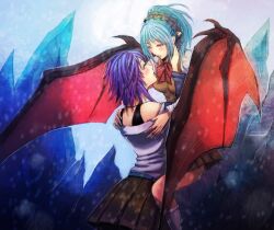  2girls blue_eyes blue_hair blush demon_girl duplicate kurono_kurumu kuruno_kurumu multiple_girls purple_eyes purple_hair rosario+vampire shirayuki_mizore short_hair skirt succubus violet_eyes wings yuri 