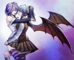  2girls blue_eyes blue_hair blush demon_girl duplicate hug kneehighs kuruno_kurumu purple_eyes purple_hair rosario+vampire shirayuki_mizore short_hair skirt socks striped striped_thighhighs succubus thigh-highs thighhighs violet_eyes yuri 