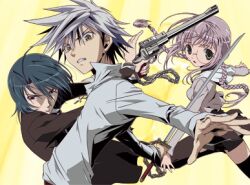  akatsuki_chika antenna_hair blue_hair braid chains glasses green_eyes gun kita_michiru lowres pink_hair red_eyes school_uniform silver_hair sword tachibana_shito twin_braids weapon yellow_eyes zombie_loan 