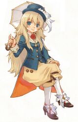  blonde_hair blue_eyes coat feathers hat highres iwasaki_minako long_hair rune_factory rune_factory_frontier selphy shoes solo top_hat umbrella wavy_hair 