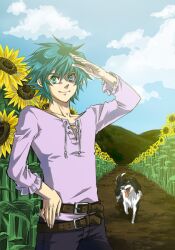  blue_hair canine cloud clouds flower johan_andersen male male_focus outdoors outside plant short_hair sky solo sunflower sunflowers yu-gi-oh! yugioh_gx yuu-gi-ou_gx 