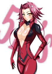  bad_id bad_pixiv_id banned_artist biker_clothes bikesuit blush body_blush breasts cleavage izayoi_aki large_breasts red_hair s_tanly short_hair short_hair_with_long_locks slender solo yellow_eyes yuu-gi-ou yuu-gi-ou_5d&#039;s 