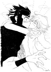  2boys boy cape closed_eyes fay_d_flourite happy kissing kurogane male male_focus monochrome multiple_boys shocked surprised sweatdrop tattoo trap tsubasa_chronicle yaoi 