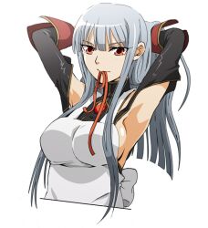  apron armpits female grey_hair hair_tie_in_mouth long_hair mouth_hold red_eyes selvaria_bles senjou_no_valkyria_(series) solo taguchi_kenji_(omaep) tying_hair 