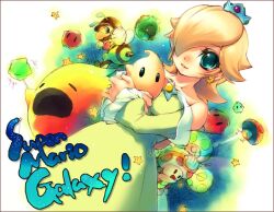  1boy aqua_eyes bare_shoulders bee bee_suit blonde_hair chiko_(mario) costume crown dress earrings female hair_over_one_eye jewelry long_hair luma mario mario_(series) nintendo princess_rosalina rosalina rosalina_(mario) rosetta_(mario) space_craft star_bit super_mario super_mario_bros. super_mario_galaxy toad toad_(mario) 