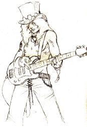  1boy cigarette guitar guns-n-roses guns_&#039;n&#039;_roses hat instrument jewelry long_hair male_focus monochrome plectrum ring slash(musician) slash_(guns-n-roses) slash_(musician) solo strat(guitar) strat_(guitar) stratocaster tattoo white_background 