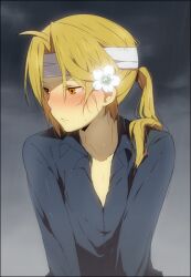  1boy bandage blush cloud edward_elric flower fullmetal_alchemist kl long_hair male_focus pixiv_thumbnail ponytail resized shirt solo storm yellow_eyes 