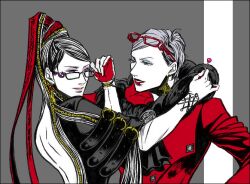  2girls bare_back bayonetta bayonetta_(character) black_hair bodysuit candy chains earrings eyeshadow glasses hair_bun jeanne_(bayonetta) jewelry lollipop long_hair makeup mamiya3216 multiple_girls red_ribbon ribbon short_hair very_long_hair white_hair 