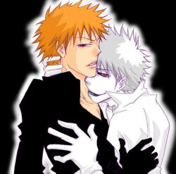  2boys black_sclera bleach dual_persona gloves kurosaki_ichigo licking male male_focus multiple_boys orange_hair pale_skin selfcest shirosaki_hichigo yaoi 