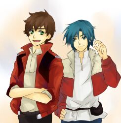  after_war_gundam_x aqua_eyes aqua_hair brown_hair crossover garrod_ran green_eyes gundam gundam_x gundam_zz jacket judau_ashta red_jacket 