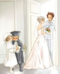  3boys =_= austria_(hetalia) axis_powers_hetalia blonde_hair blue_eyes blush blush boots bouquet brown_hair bun chibitalia_(hetalia) children cross door dress female flower flowers glasses hair_bun hat holy_roman_empire_(hetalia) hungary_(hetalia) lolicon lowres male multiple_boys northern_italy_(hetalia) tuxedo veil wedding wedding_dress white_dress young younger 