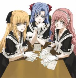  3boys androgynous blonde_hair blue_hair crossdressing crossdressing gloves kouno_tooru long_hair multiple_boys nakajima_atsuko pink_hair princess_princess ribbon shihoudani_yuujirou trap yutaka_mikoto 