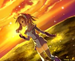  alicia_melchiott brown_eyes brown_hair field flower highres long_hair senjou_no_valkyria senjou_no_valkyria_1 skirt sunset thigh-highs thighhighs twintails ysrandy 