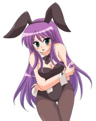  afuro animal_ears blush bow bow_tie bowtie breasts bunny_ears bunny_girl bunny_outfit bunnysuit cleavage crossed_arms faris_scherwiz final_fantasy final_fantasy_5 green_eyes leotard long_hair pantyhose purple_hair 