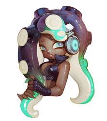  aqua_eyes bare_shoulders commentary_request crop_top cropped_torso dark-skinned_female dark_skin elbow_gloves et.m female fingerless_gloves gloves gradient_hair green_hair green_nails headphones long_hair marina_(splatoon) mole mole_under_mouth multicolored_hair nail_polish octoling parted_lips photoshop_(medium) purple_eyes sleeveless solo splatoon_(series) splatoon_2 suction_cups tentacle_hair two-tone_hair upper_body 