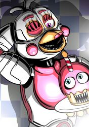  2018 absurd_res animatronic avian beak bird chicken digital_media_(artwork) five_nights_at_freddy&#039;s freddy_fazbear&#039;s_pizzeria_simulator funtime_chica_(fnaf) funtime_cupcake_(fnaf) galliform gallus_(genus) hi_res machine mammal phasianid robot scottgames shu_20625 simple_background 