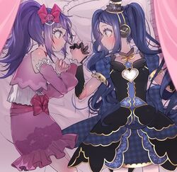  2girls bad_id bad_twitter_id black_gloves black_hair blush braid detached_collar detached_sleeves dress elbow_gloves flower frilled_pillow frilled_skirt frills garara_s_leep gloves hair_flower hair_ornament hair_ribbon hanazono_shuka hat headphones heart holding_hands idol_time_pripara long_hair looking_at_another lying mini_hat mini_top_hat mpmpgnz multiple_girls on_back on_bed on_side pillow pink_flower pink_ribbon pink_rose pink_skirt ponytail pretty_series pripara purple_hair ribbon rose short_sleeves sidelocks skirt smile star_(symbol) top_hat twintails yellow_eyes yuri 