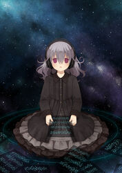  :o dress female grey_hair headphones kneeling long_sleeves original purple_eyes sheet_music sky solo space star_(sky) starry_sky tozaki_makoto 