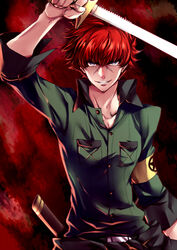  1boy bad_id bad_pixiv_id dual_wielding holding male_focus minazuki_sho persona persona_4 persona_4:_the_ultimate_in_mayonaka_arena red_hair scar smile solo sword weapon yasshan 