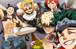  5boys :d angry armor artist_name badge bakugou_katsuki black_hair black_nails blonde_hair blurry bodysuit boku_no_hero_academia cellphone commentary cosplay depth_of_field earbuds earphones earphones_removed english_commentary fingerless_gloves freckles from_above genji_(overwatch) genji_(overwatch)_(cosplay) glasses gloves goombac green_shorts grin hand_on_another&#039;s_shoulder headband highres jewelry junkrat_(overwatch) junkrat_(overwatch)_(cosplay) kaminari_denki kirishima_eijirou license_plate looking_down looking_up male_focus messy_hair midoriya_izuku multicolored_hair multiple_boys nail_polish open_mouth overwatch overwatch_1 phone photoshop_(medium) pig_tattoo power_armor red_eyes red_hair reinhardt_(overwatch) reinhardt_(overwatch)_(cosplay) roadhog_(overwatch) roadhog_(overwatch)_(cosplay) selfie sero_hanta shorts sitting smartphone smile spiked_hair stomach_tattoo sunglasses tattoo teeth torn_clothes winston_(overwatch) winston_(overwatch)_(cosplay) 