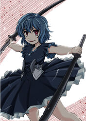  black_bullet blood blood_splatter blue_hair circle_skirt commentary_request dress dual_wielding female highres hiruko_kohina holding katana looking_at_viewer photoshop_(medium) red_eyes short_hair smile solo spinning standing sword wan&#039;yan_aguda weapon 