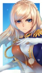  :| bad_id bad_pixiv_id blonde_hair blue_background blue_eyes braid breasts closed_mouth crown_braid elbow_gloves epaulettes eyebrows eyes_visible_through_hair female fourragere furrowed_brow gloves highres iandrea long_hair looking_at_viewer makeup mascara medium_breasts military military_uniform motion_blur outside_border richelieu_(warship_girls_r) sash serious solo swept_bangs uniform upper_body v-shaped_eyebrows warship_girls_r white_gloves 